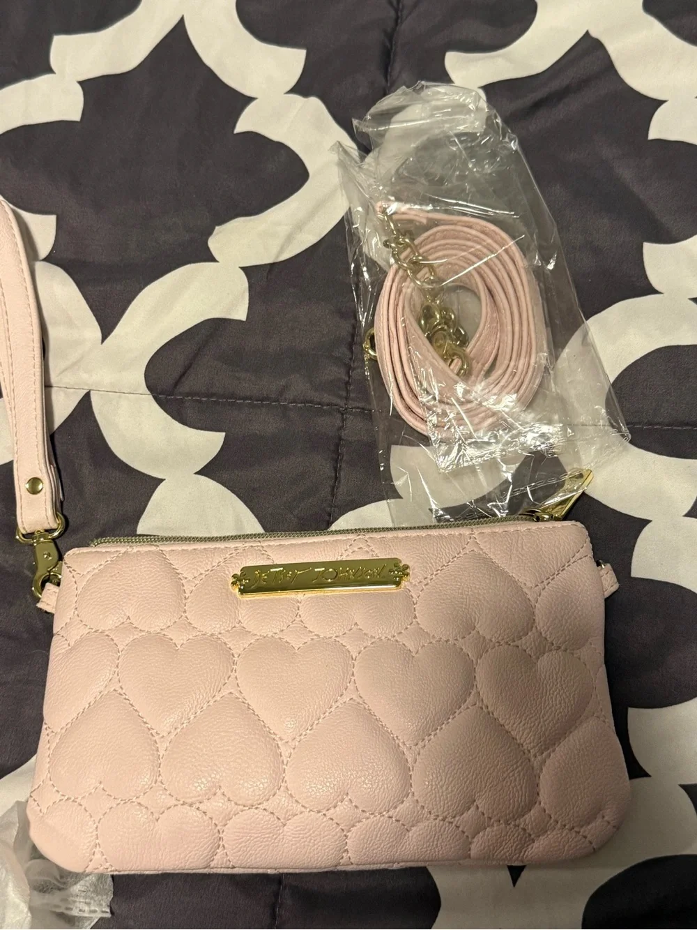 Betsey Johnson blush pink quilted heart wristlet with gold plaque